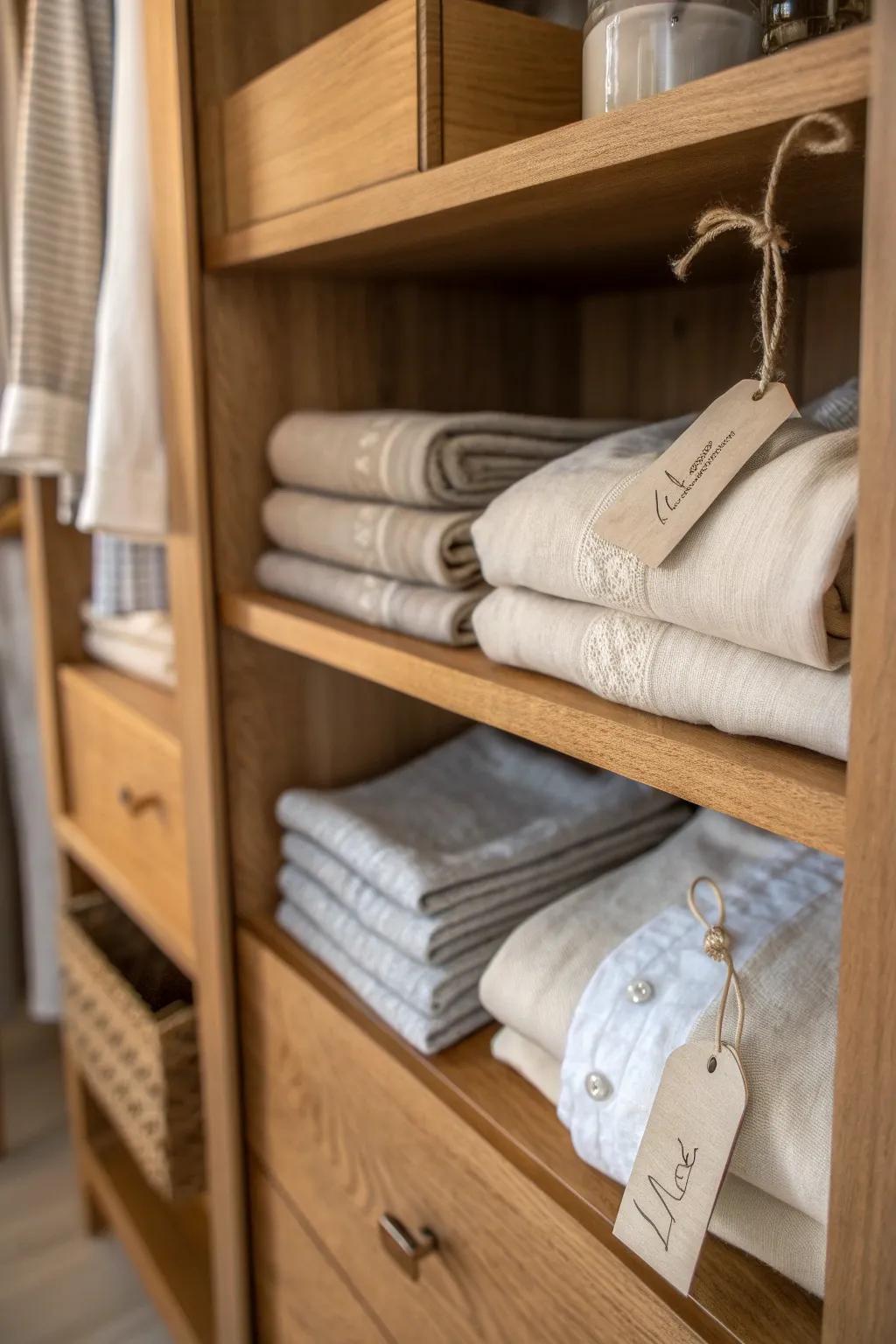 Elevate your wardrobe organization with charming personalized labels for a touch of elegance and order.