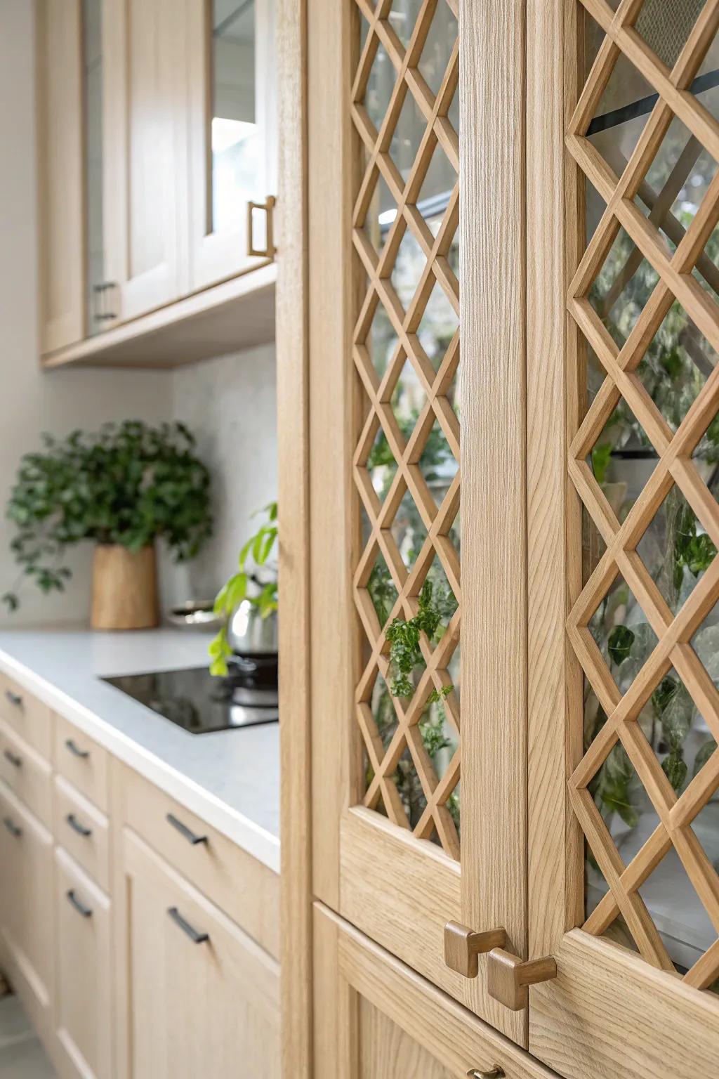 Elevate your kitchen with charming lattice details for a stylish blend of nature and design.