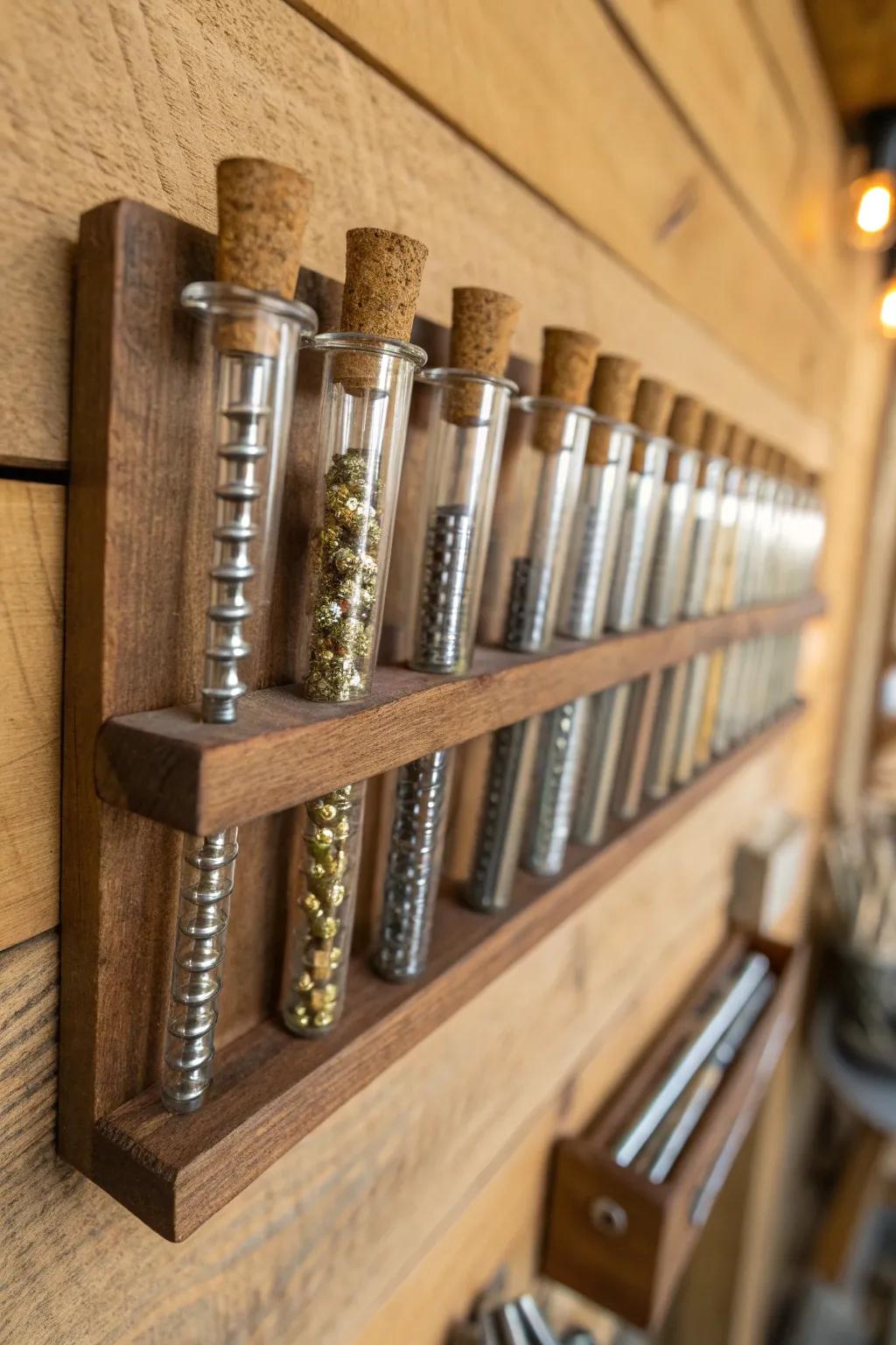 Elevate your workspace with glass test tubes for a touch of laboratory chic and impeccable organization.