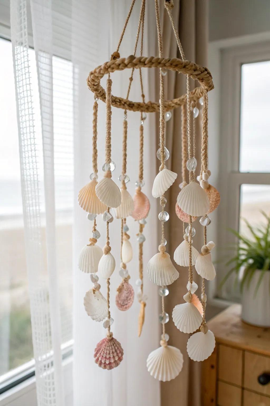 Bring the soothing whispers of the sea into your home with these handcrafted seashell wind chimes.