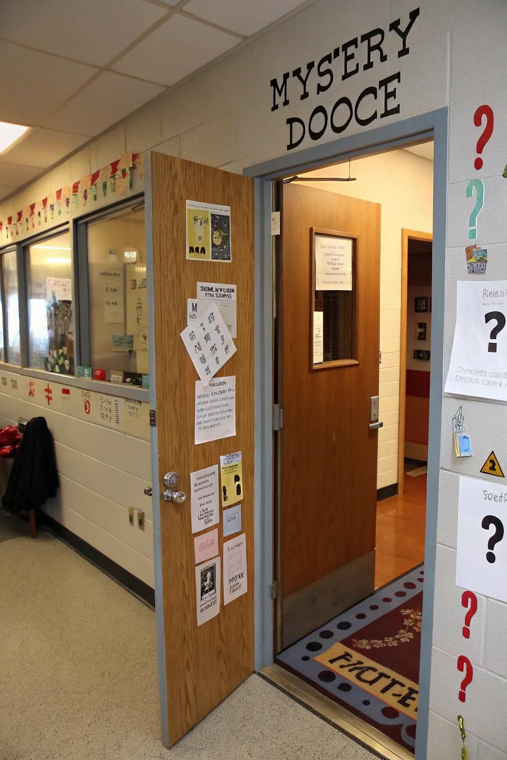 A mystery-themed classroom door, engaging students with puzzles and hidden clues.