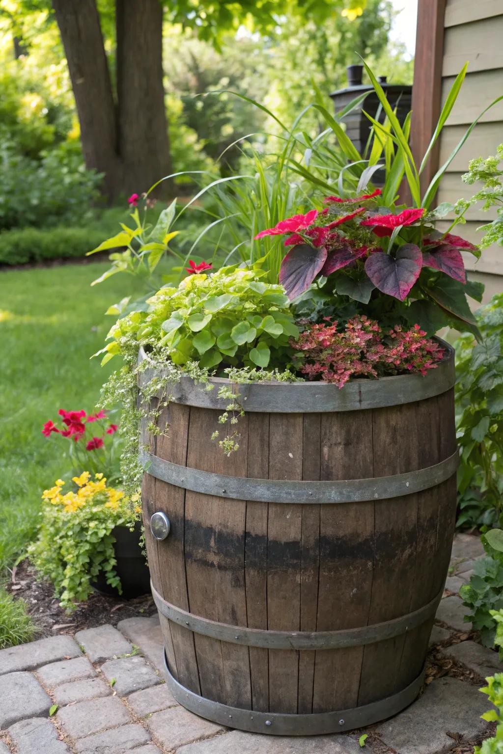 Repurposed barrel planter for a touch of garden charm.
