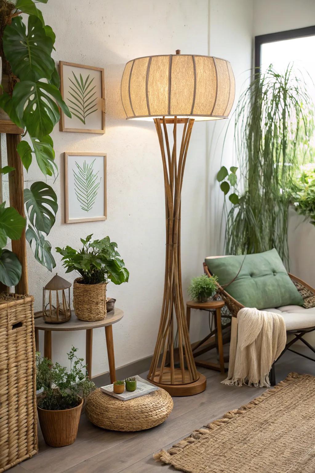 Support eco-friendly living with a floor lamp crafted from sustainable materials.