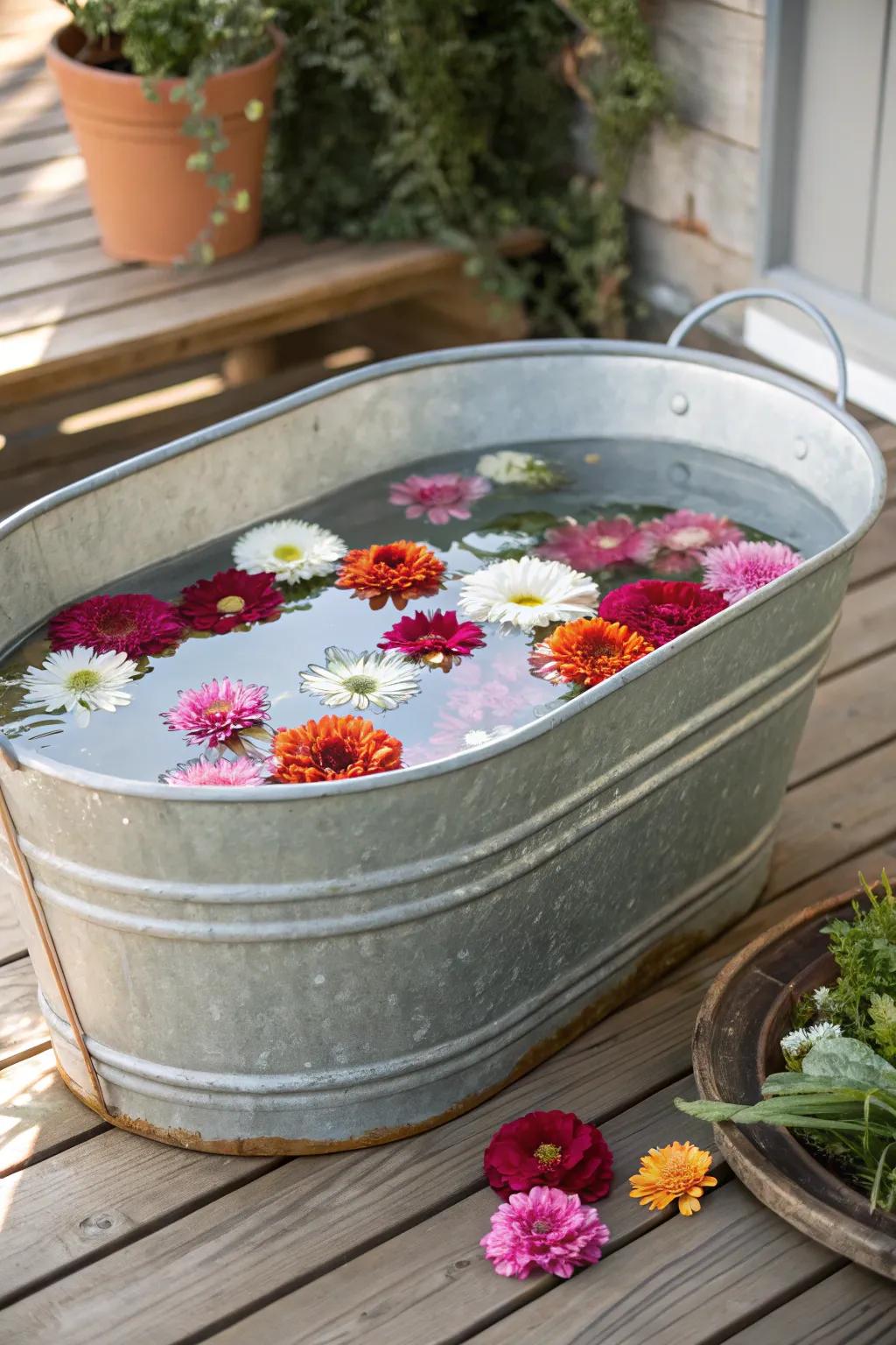 Transform your deck into a serene retreat with a floating flower oasis in a galvanized wash tub.