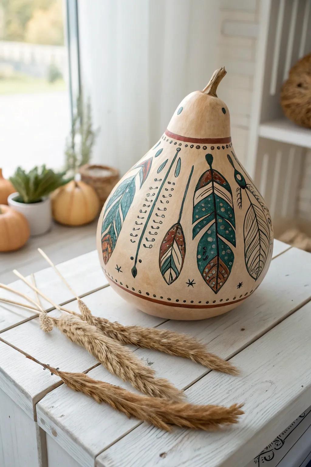 Embrace the boho chic spirit with this beautifully painted gourd, a perfect blend of Scandinavian minimalism and natural artistry.