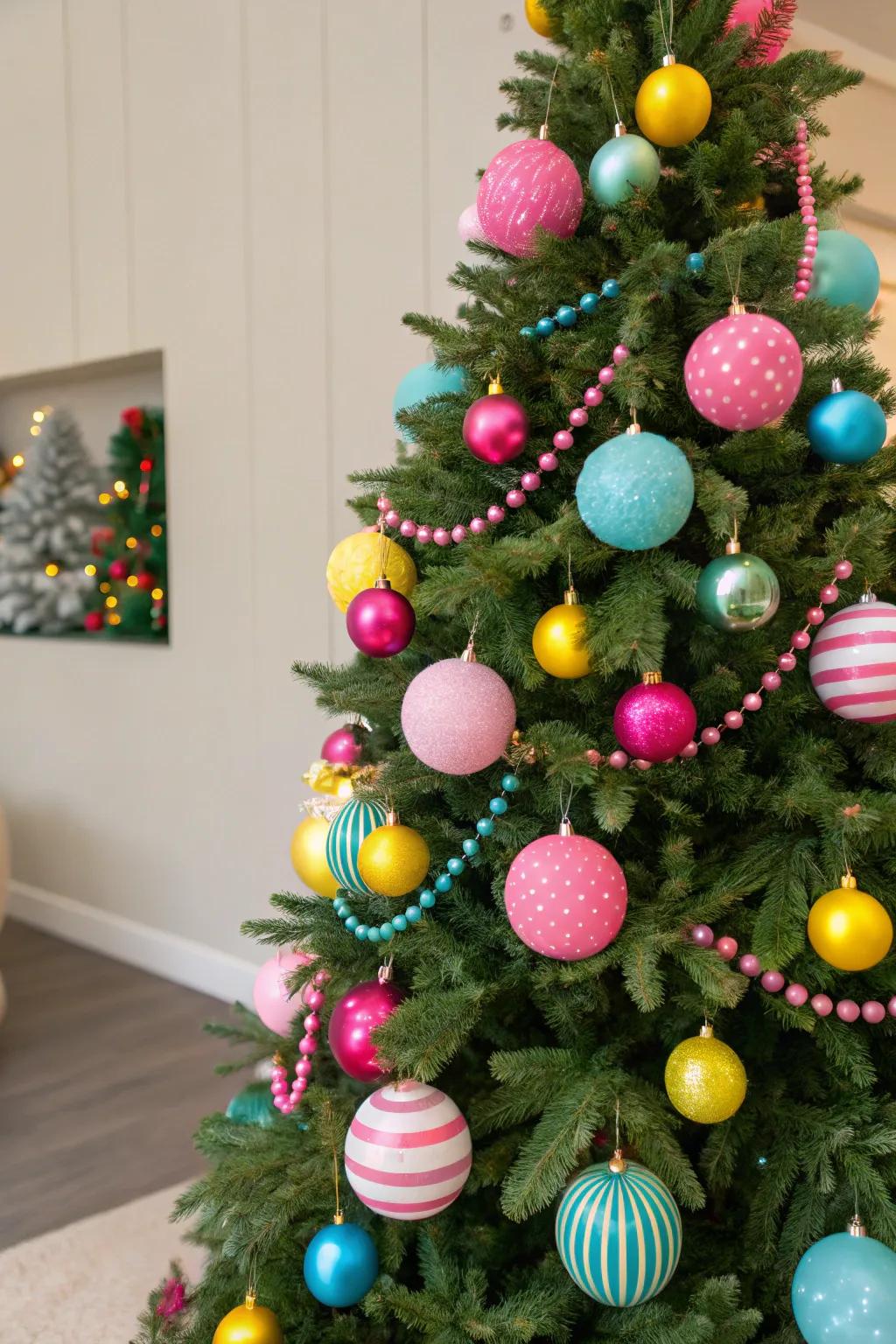 A festive candy-colored Christmas tree that adds joy and whimsy to the holidays.