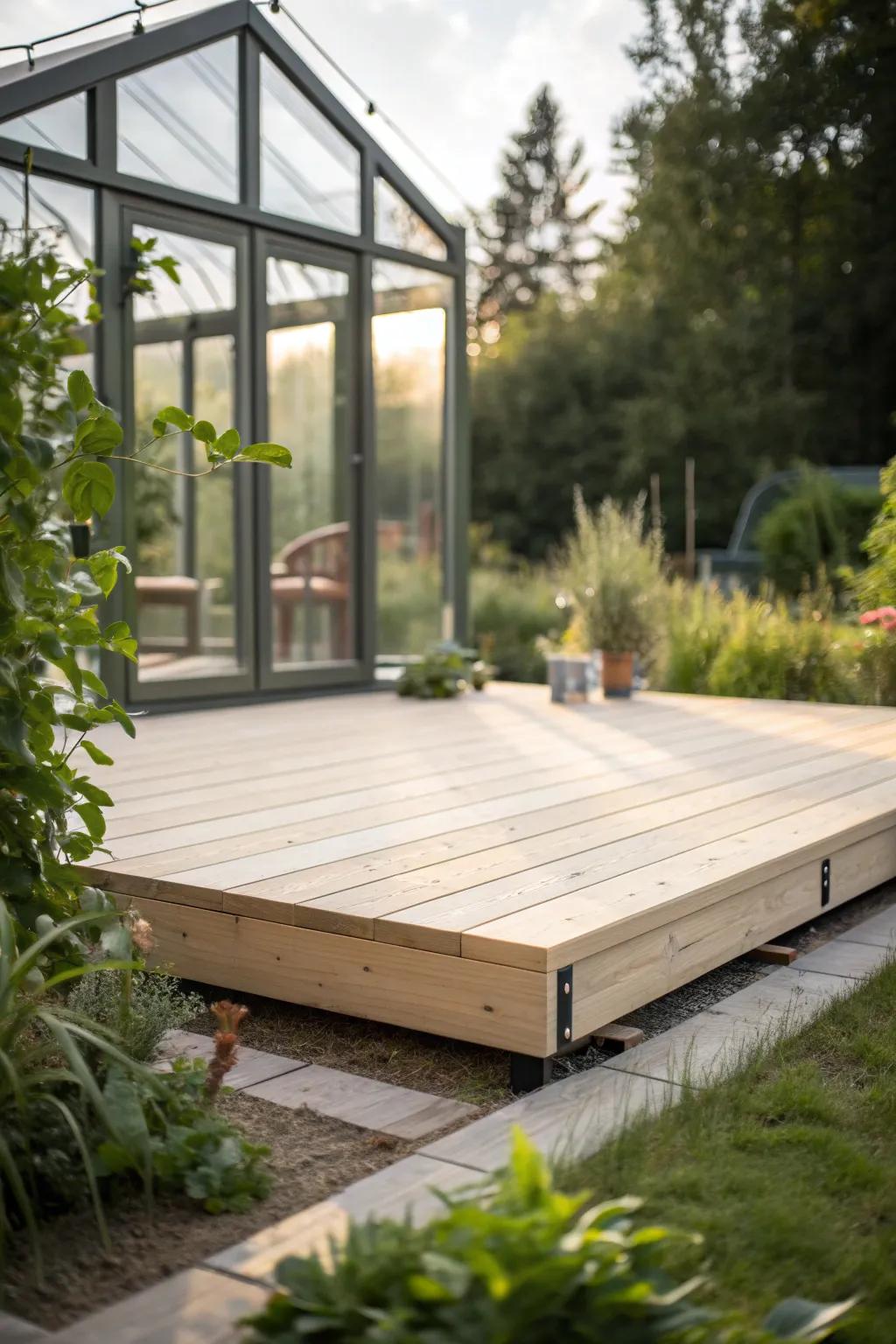 Elevate your greenhouse with a stunning floating deck base, where craftsmanship meets natural beauty.