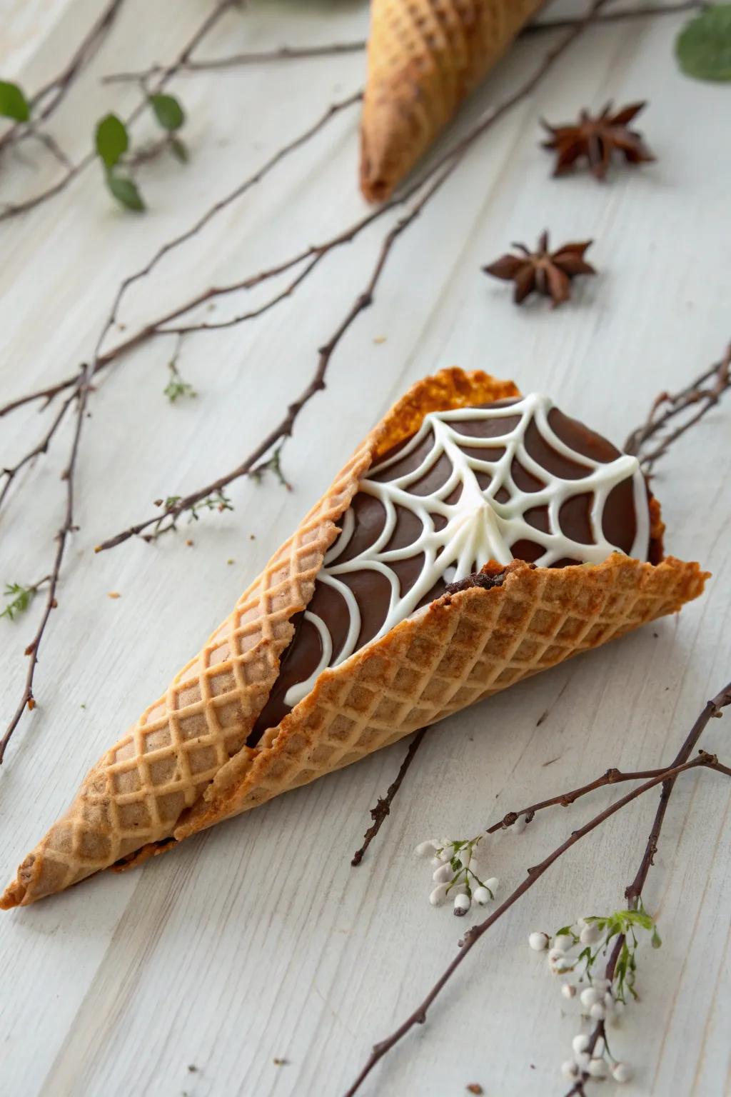 Elevate your Halloween dessert game with these enchanting webbed waffle cones, perfect for a stylishly spooky treat!