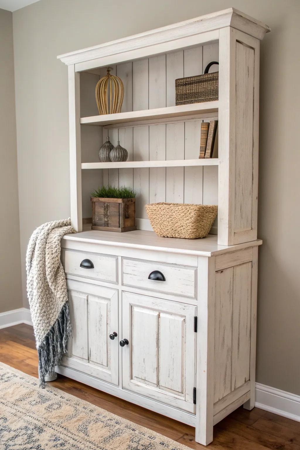 Transform your old hutch with a chic mix of rustic charm and modern elegance.