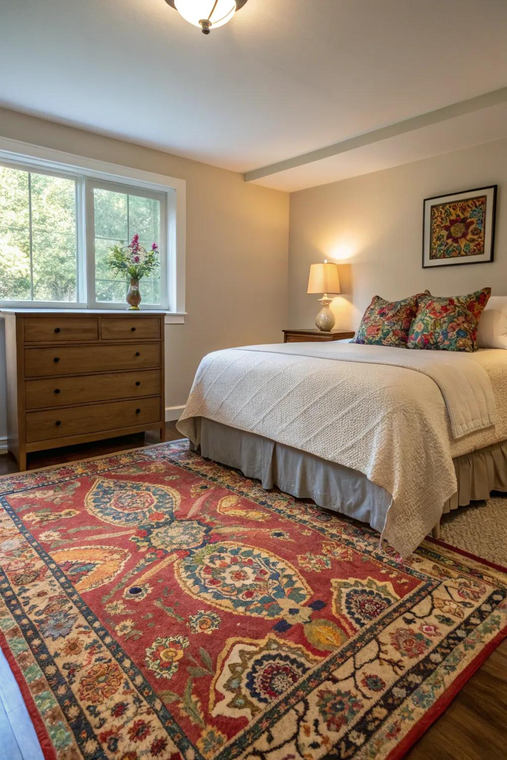An artful rug adds warmth and flair to this guest bedroom.