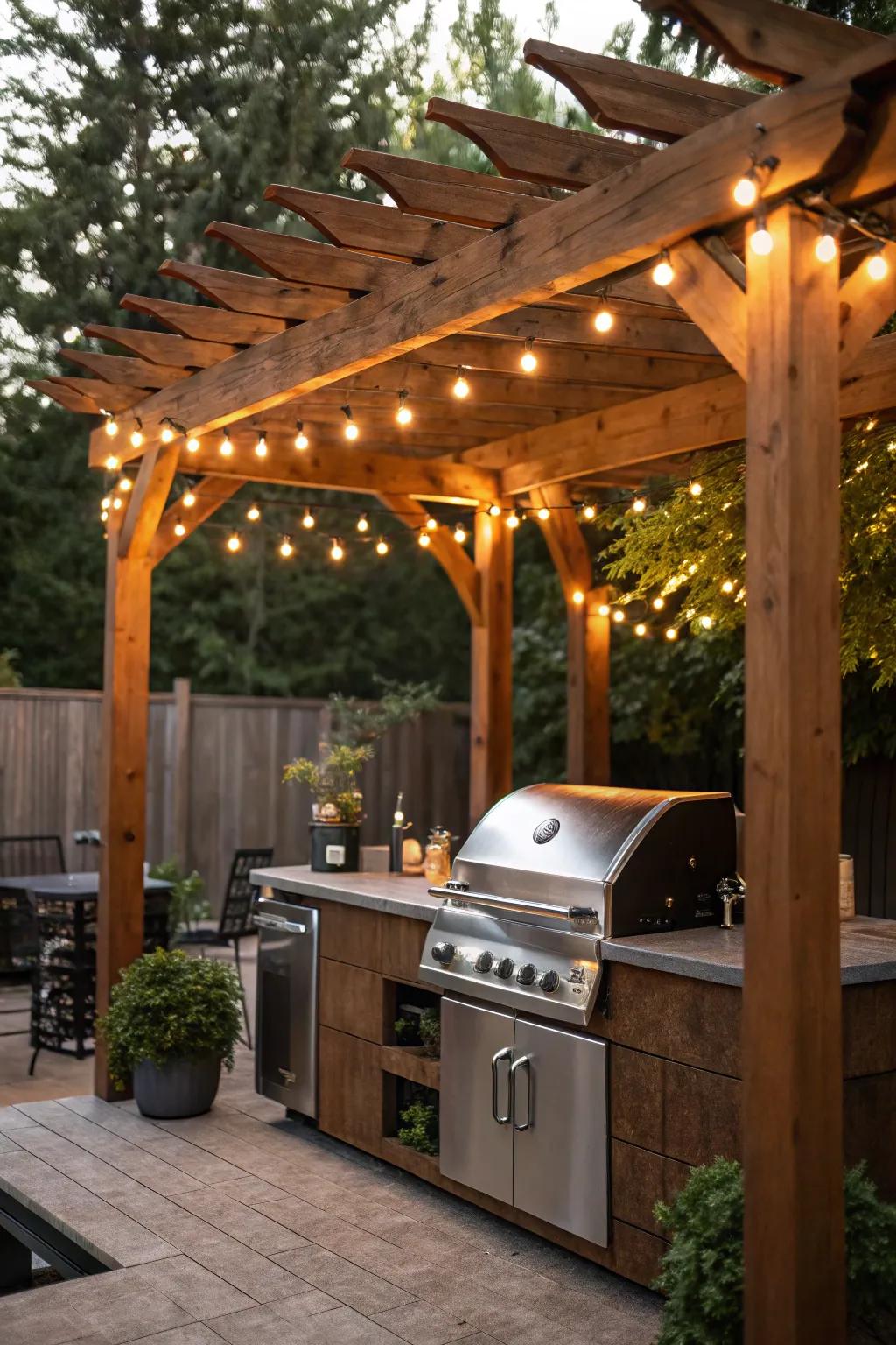 Transform your grill nights with a pergola draped in a luminous canopy of lights.