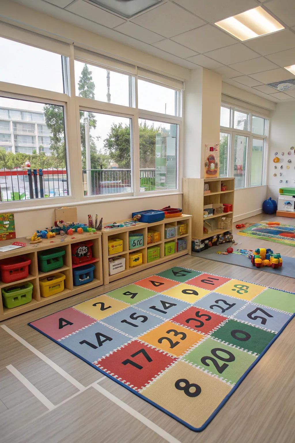 Zoned flooring organizes the playroom effectively.