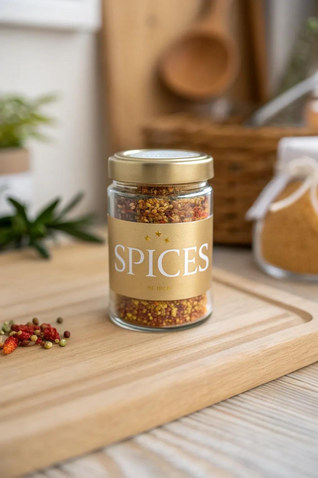 Elevate your spice collection with luxurious metallic labels that bring a touch of elegance to your kitchen.