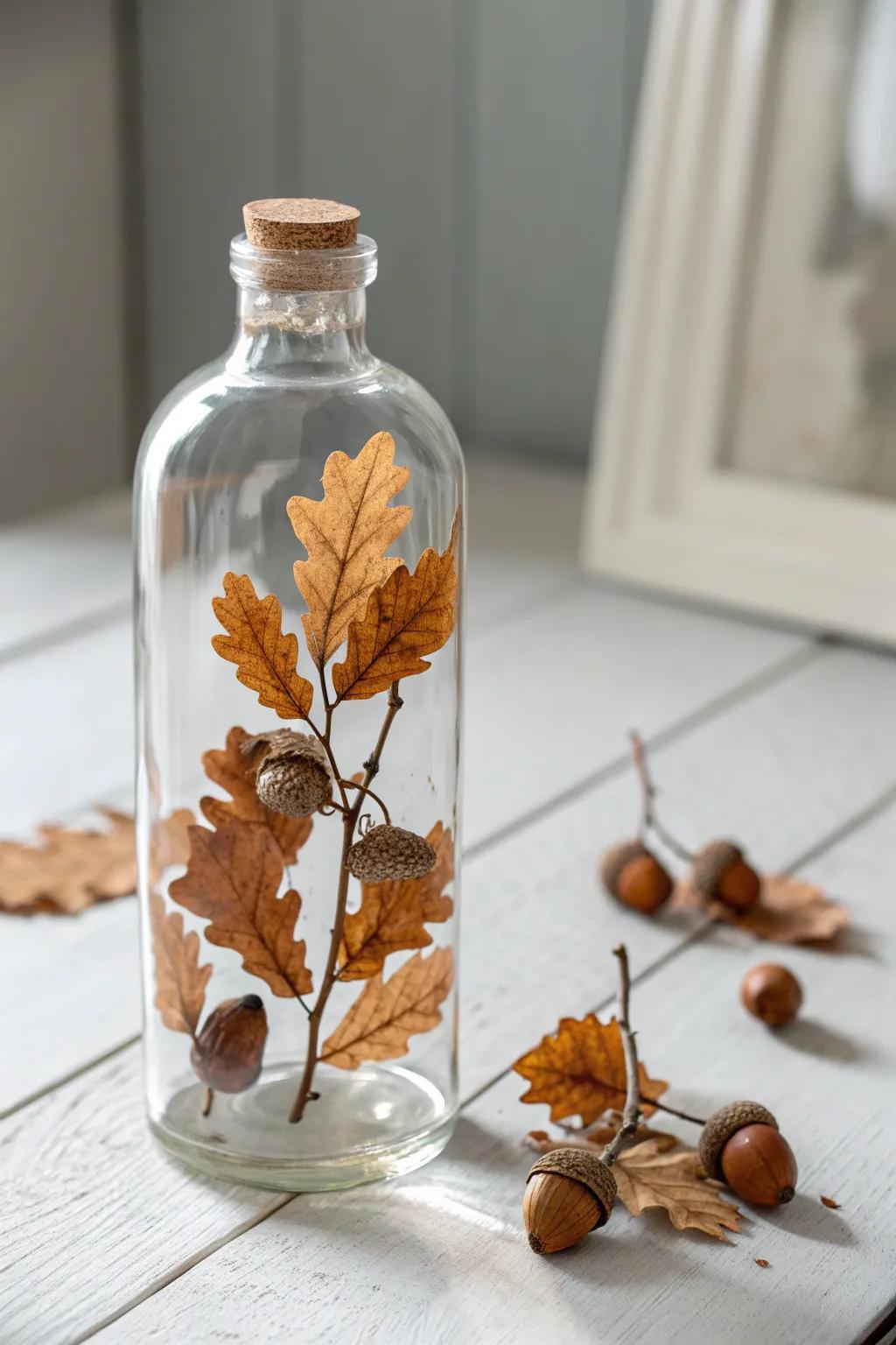 Capture the essence of autumn with a sensory bottle full of miniature leaves and acorns.