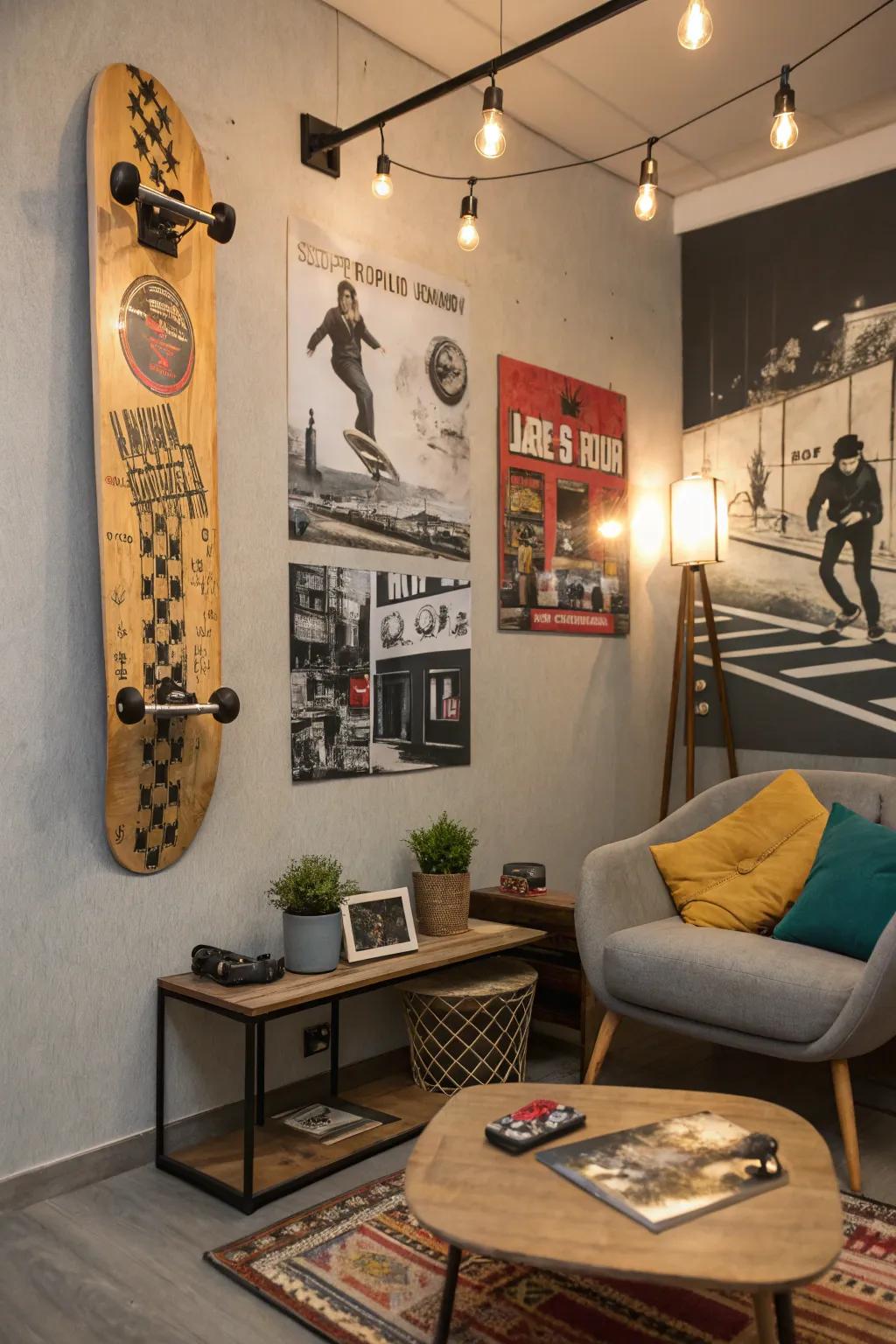 A room where skateboard decor meets urban and retro themes.