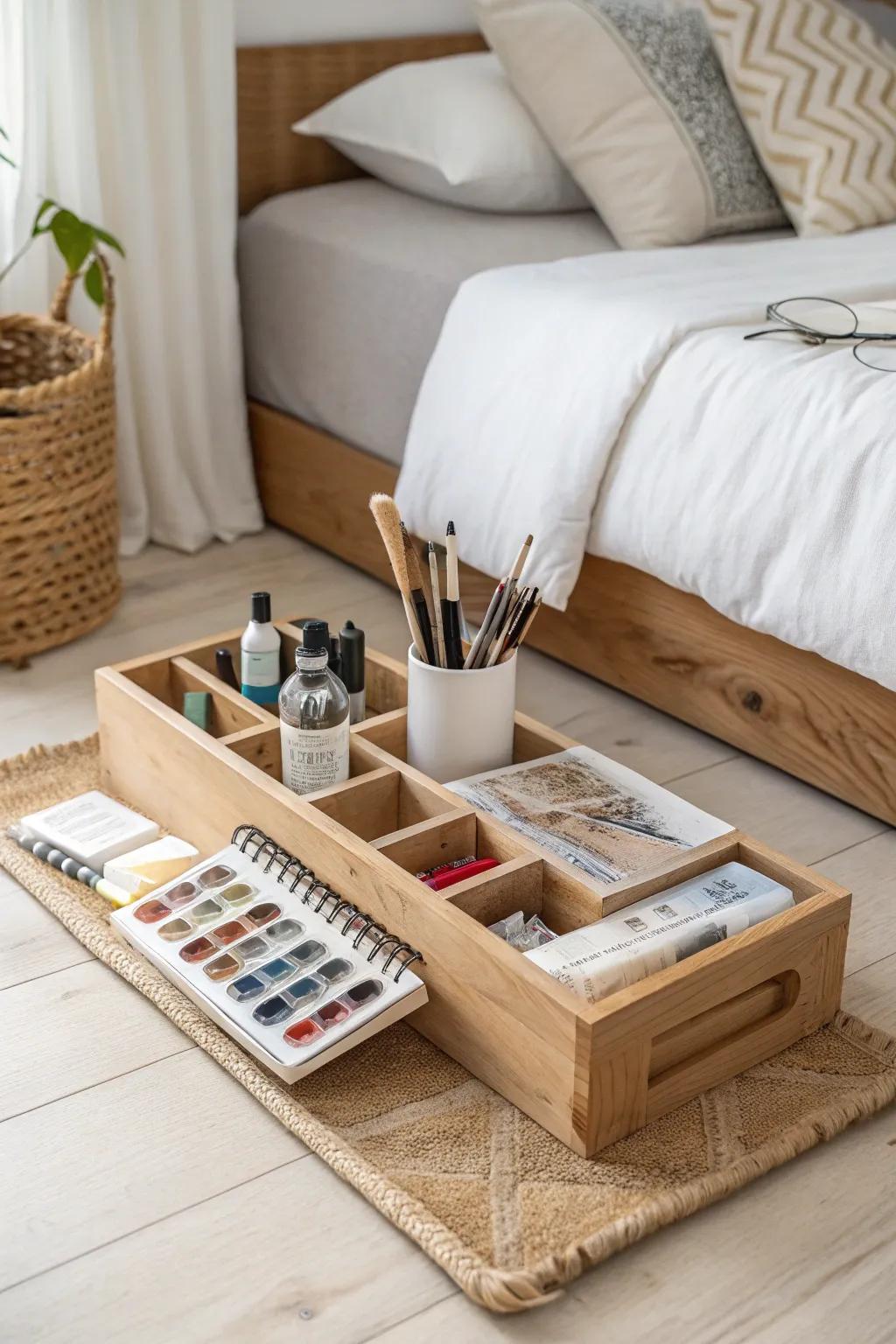 Elevate your creative space with a minimalist art supply organizer that blends Scandinavian simplicity with Boho charm.
