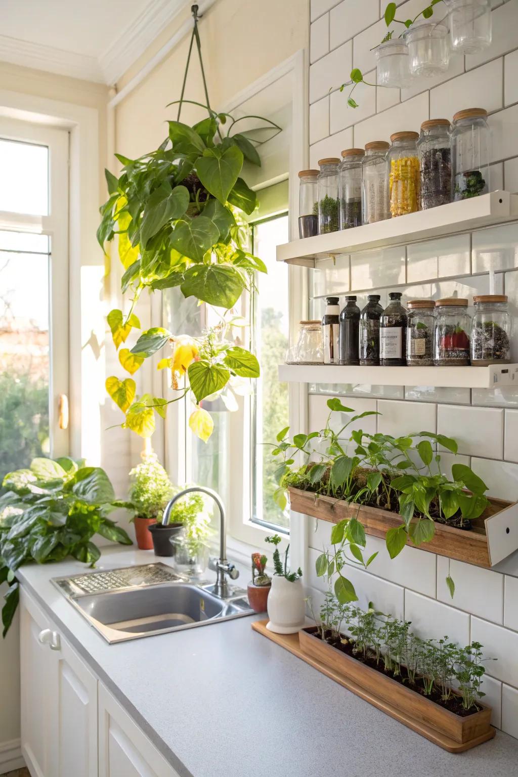 A bright kitchen showcasing wall-mounted propagation stations, ideal for nurturing new plant life.
