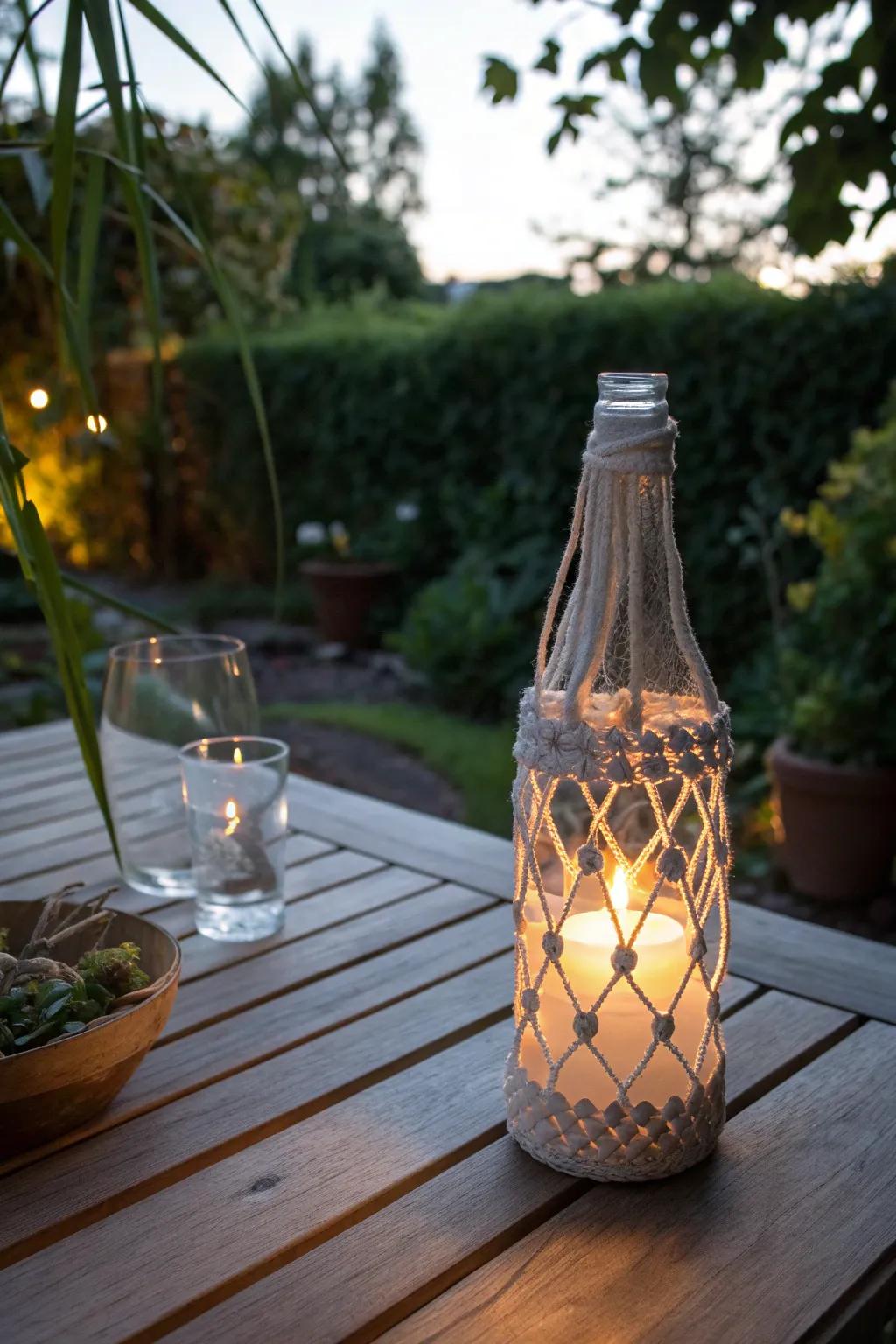 Illuminate your garden with the enchanting glow of handcrafted bottle lanterns.