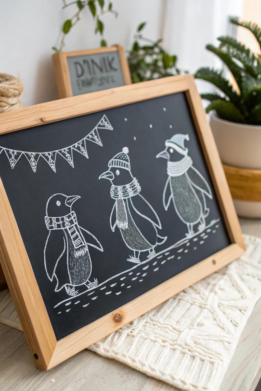March into winter fun with a delightful penguin parade on your chalkboard!