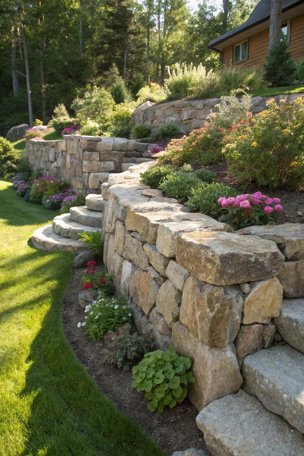 Transform your yard with the timeless beauty and practicality of a stone retaining wall.