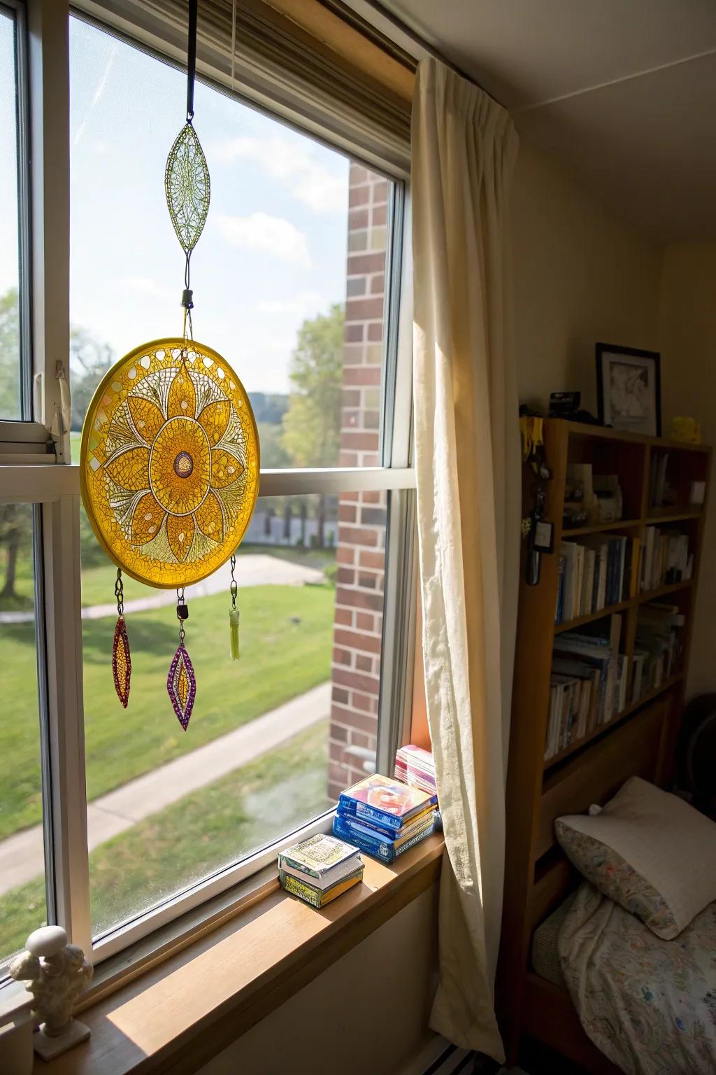 A yellow suncatcher creates magical light patterns in your room.