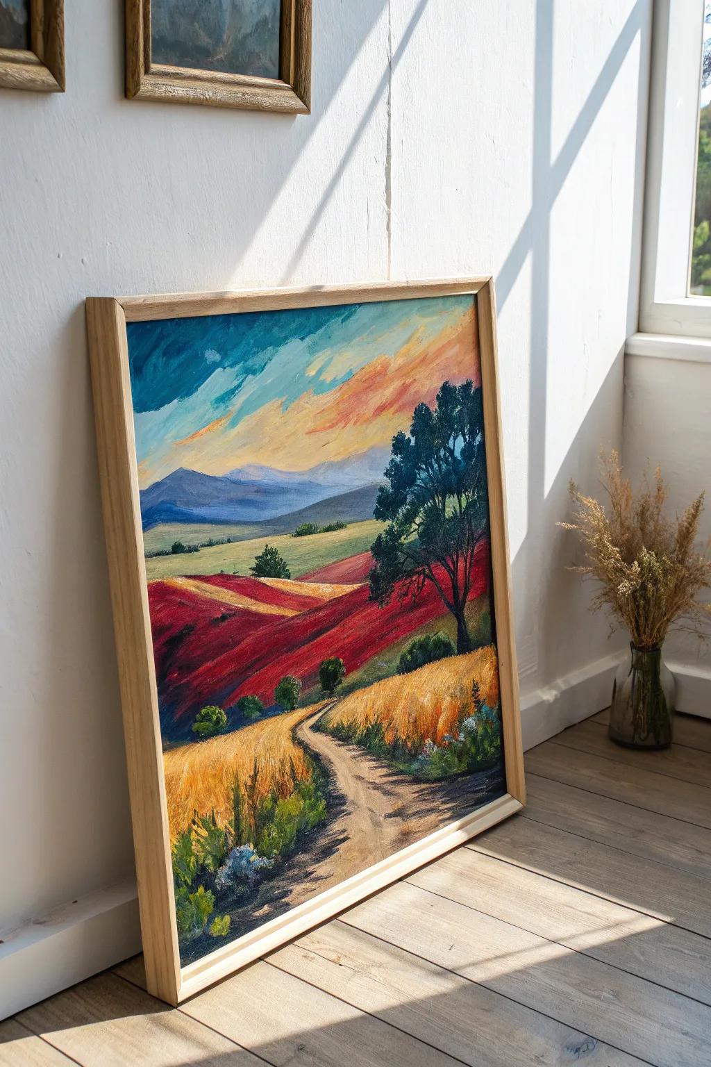 Step into a world of vibrant landscapes with this stunning minimalist canvas painting.