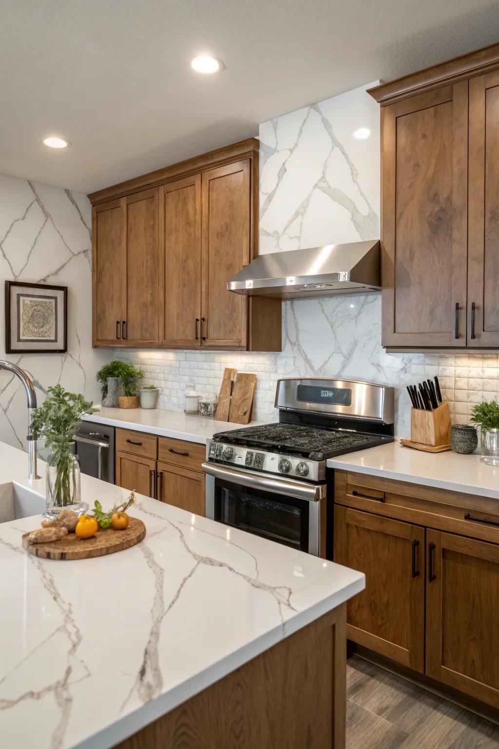 Marble-look quartz provides a touch of luxury with easy maintenance.