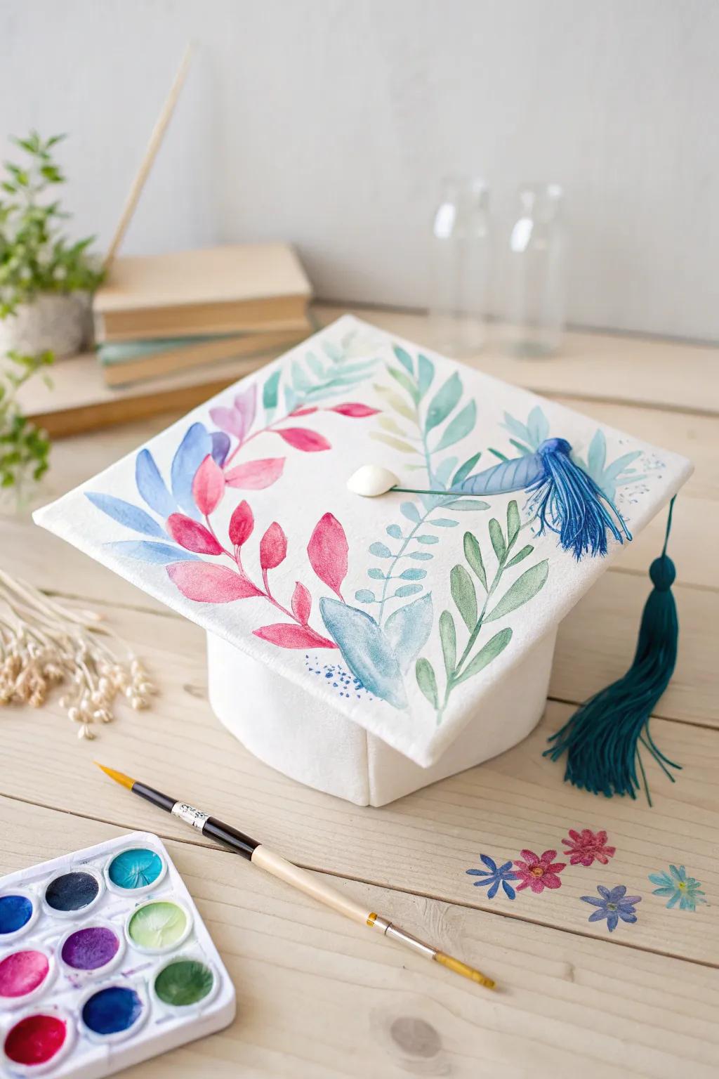 Celebrate diversity with a watercolor masterpiece on your graduation cap, blending vibrant colors with minimalist elegance.