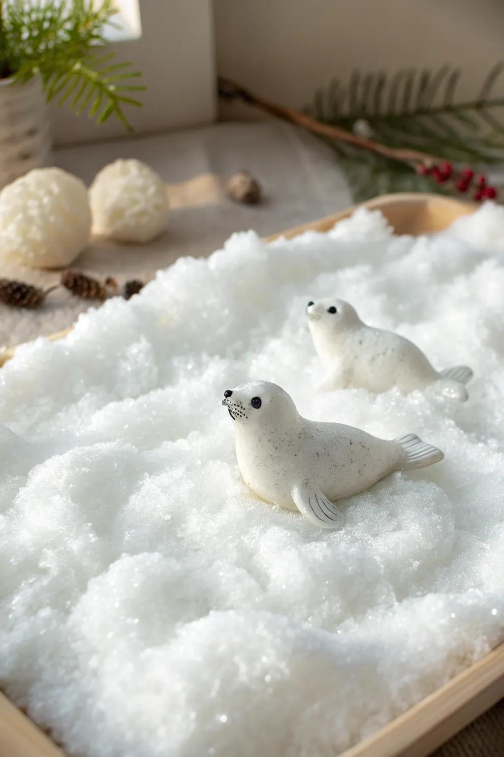 Find tranquility in simplicity: A serene diorama of seals at rest on soft, snowy 'ice'.