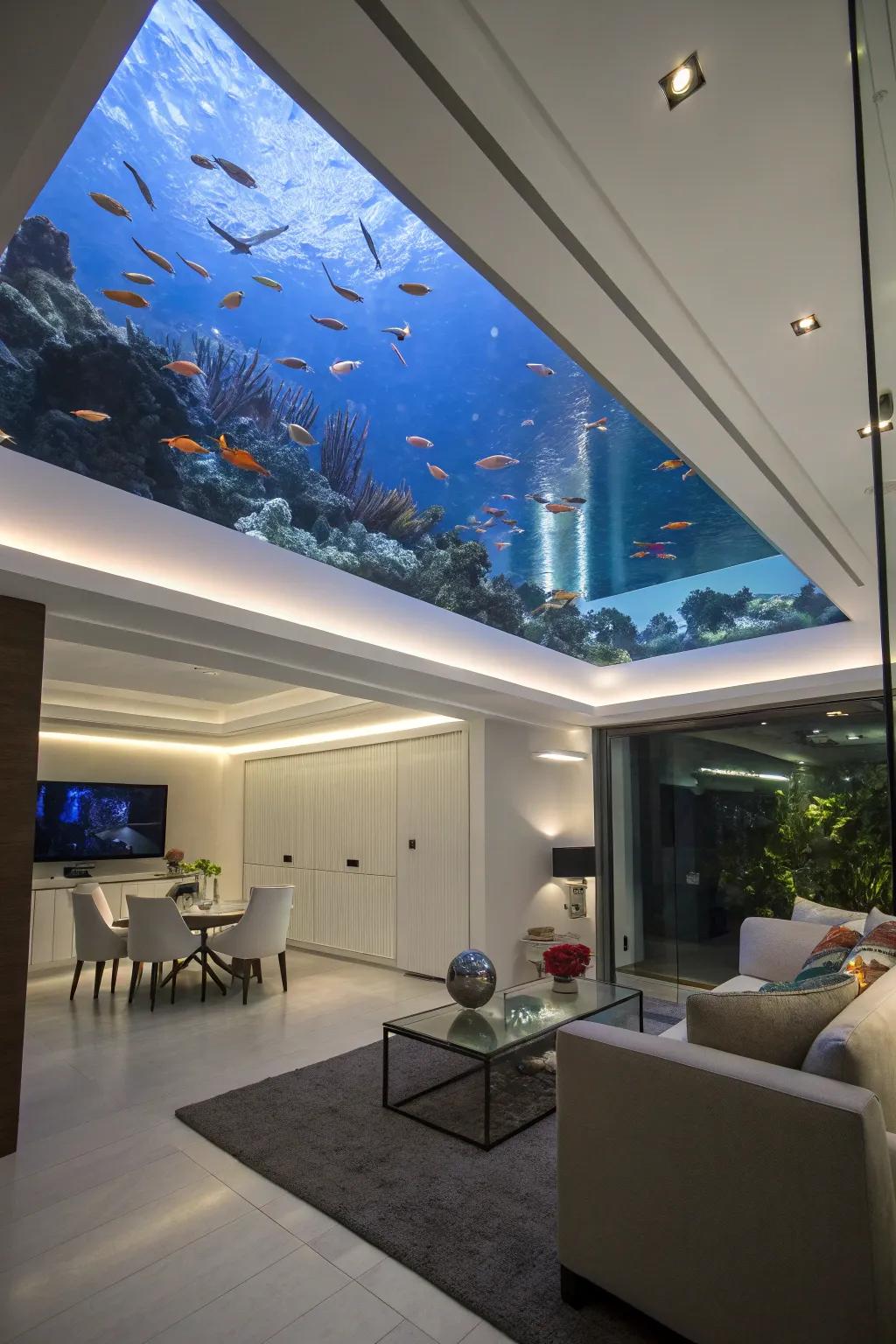 A ceiling aquarium adds an unexpected and stunning visual element.