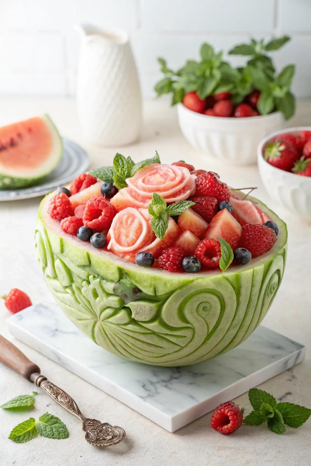 Elevate your fruit salad with this artful watermelon bowl—where simplicity meets natural charm.