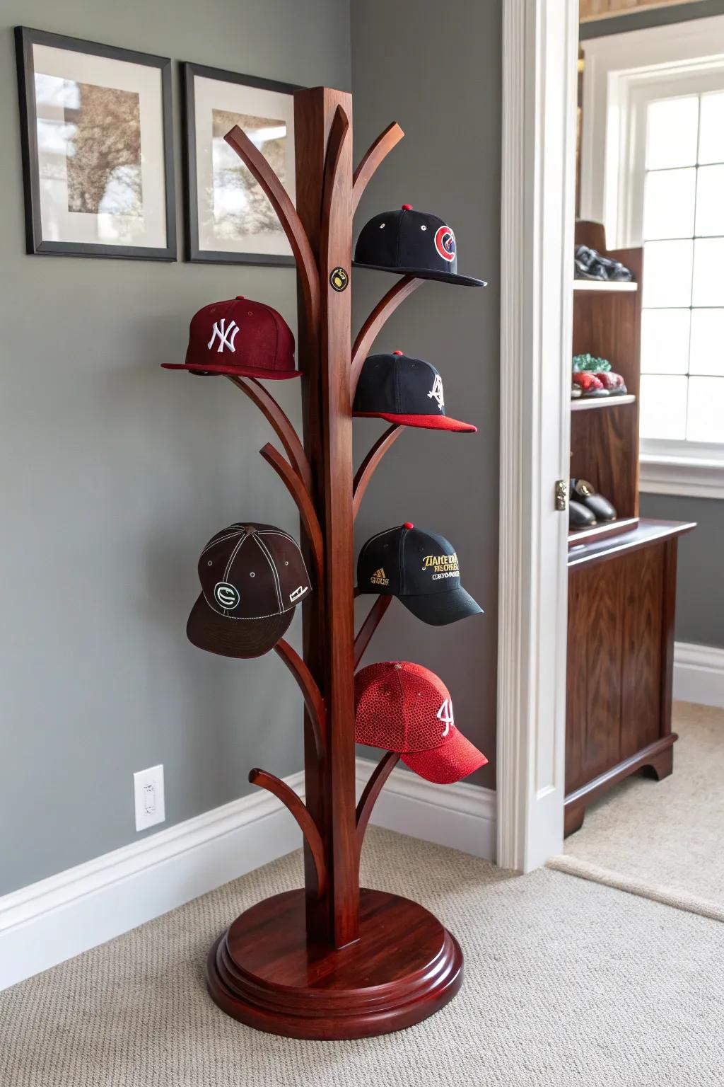 Elevate your space with this stunning freestanding hat rack, where functionality meets art.