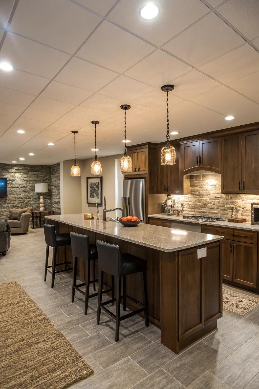 Layered lighting adds warmth and ambiance to your basement island.
