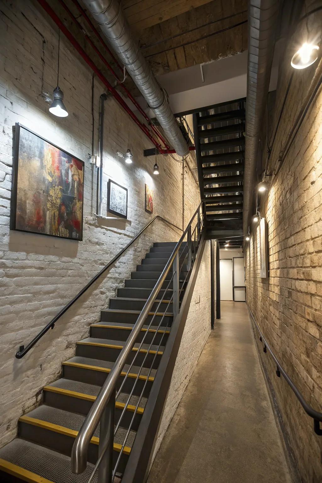 Pipe railings add an industrial edge to modern basement decor.