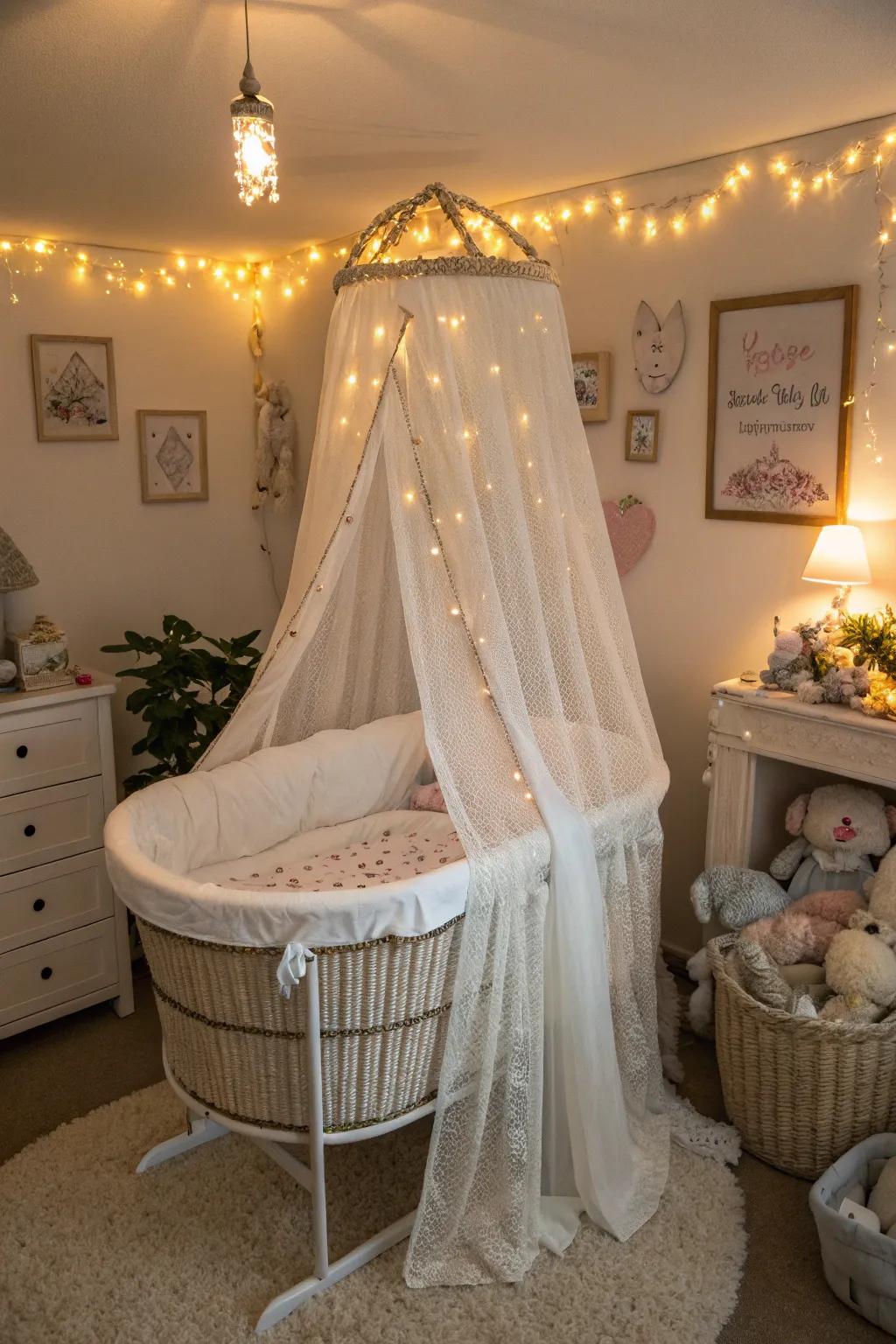 A dreamy canopy draping over a bassinet.