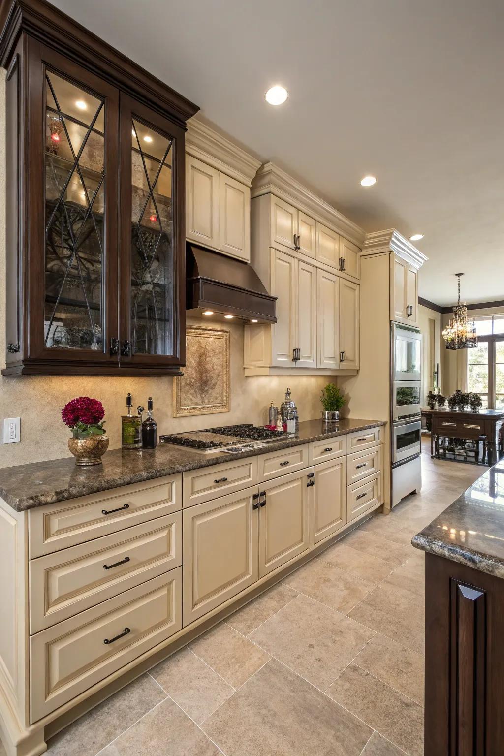 A dynamic kitchen with a mix of beige cabinets and contrasting materials.