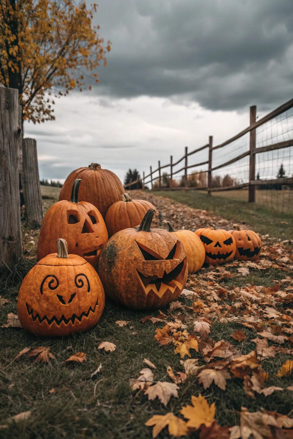 A group of pumpkins with different expressions creating a lively scene.