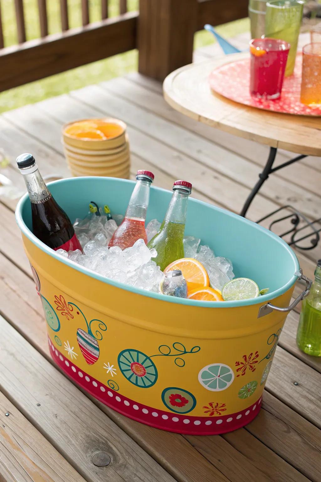 A DIY painted beverage tub adding a personal touch.