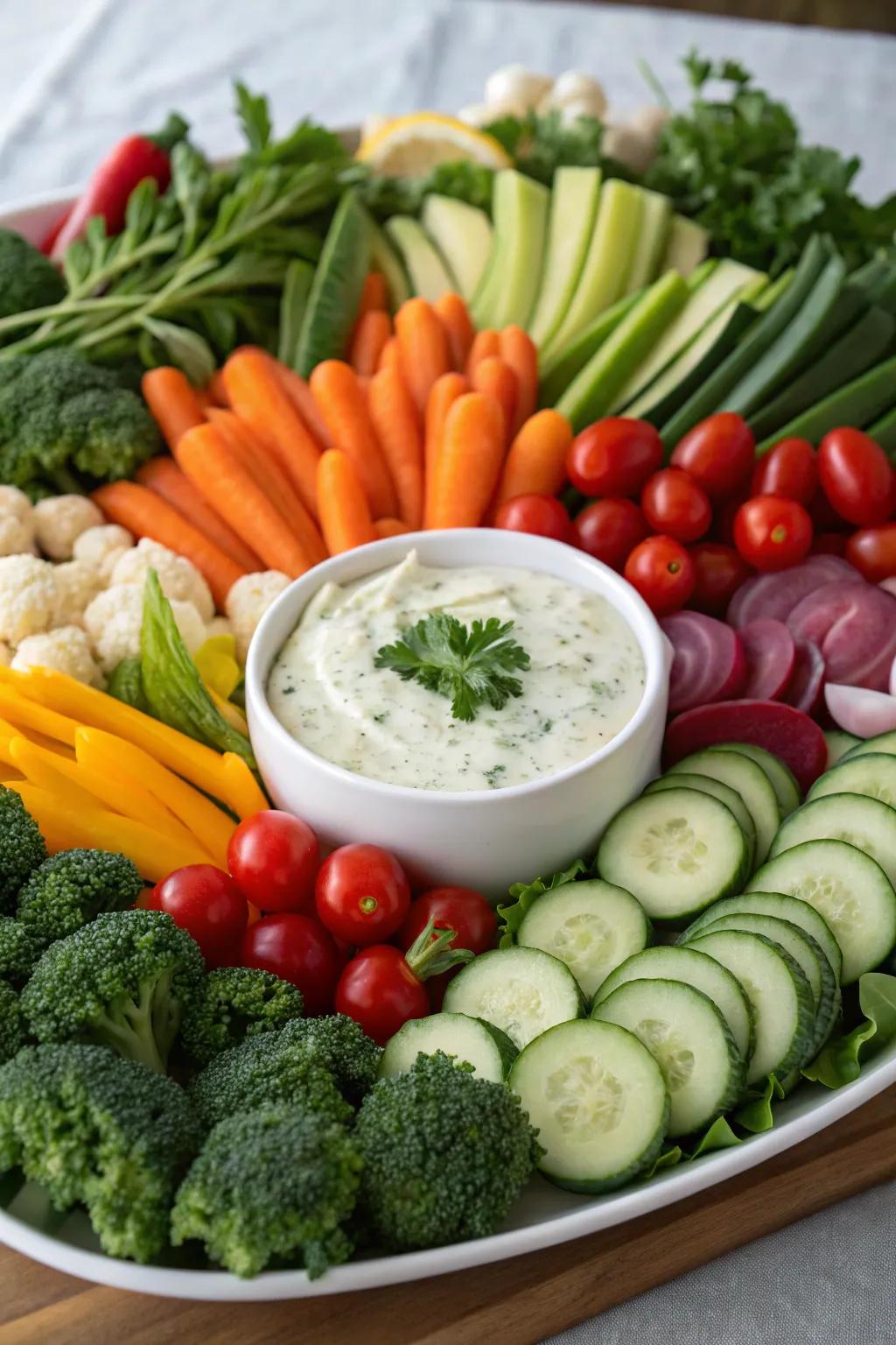 A fresh and inviting veggie garden platter with a creamy dip.