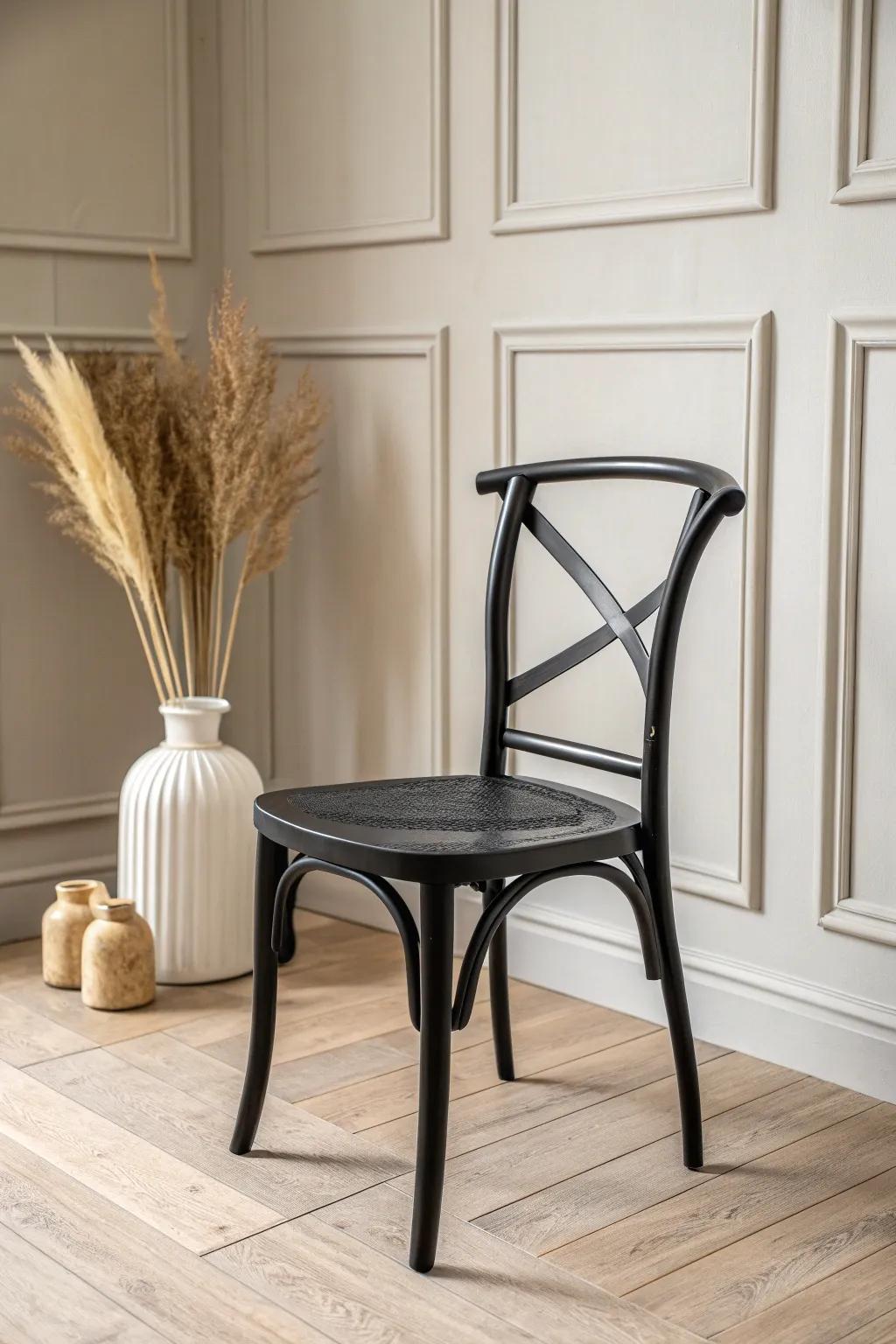 Revitalize your dining space with the elegance of black-painted chairs, blending minimalist design with a boho twist.