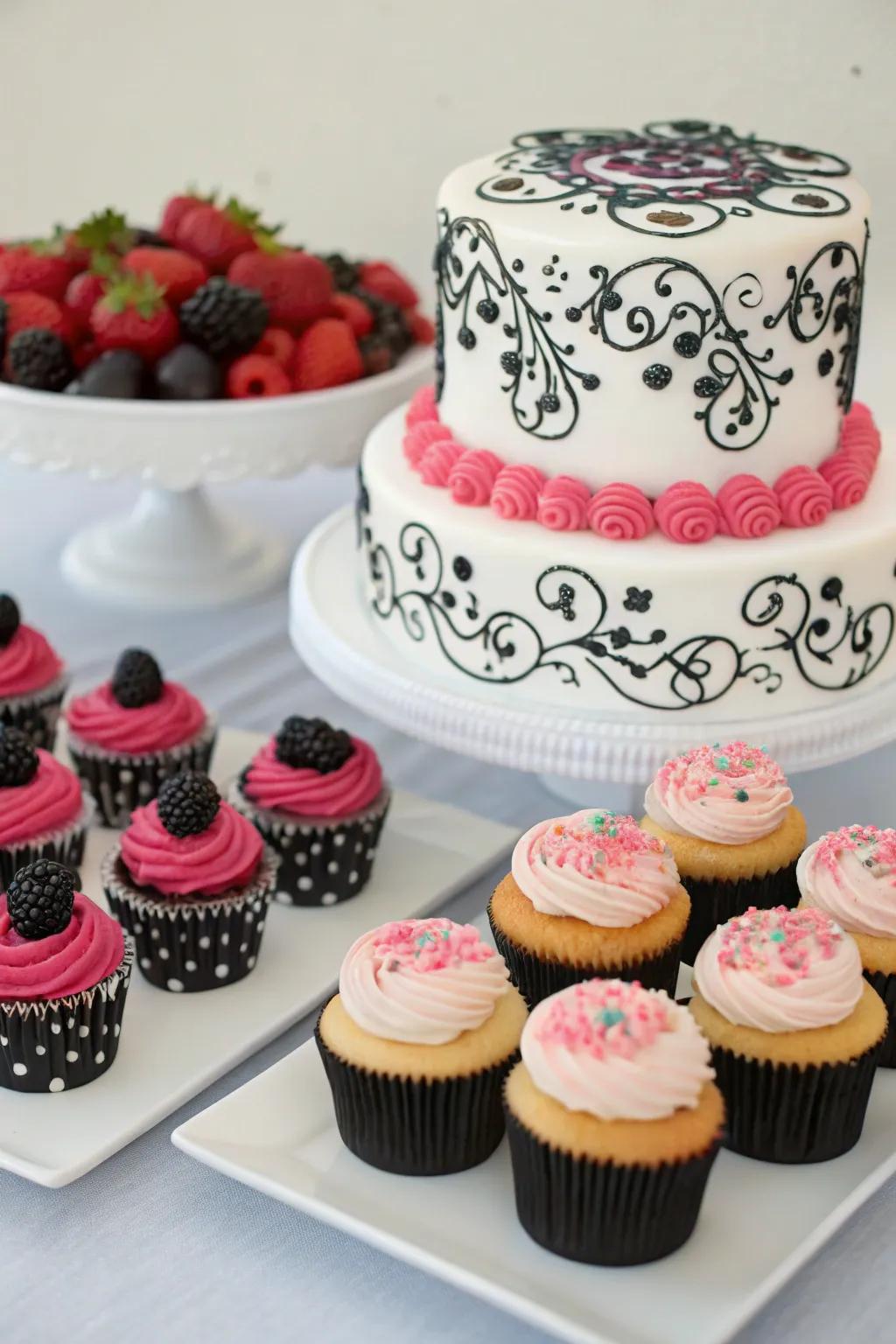 A delightful display of sweet treats in a chic color palette.
