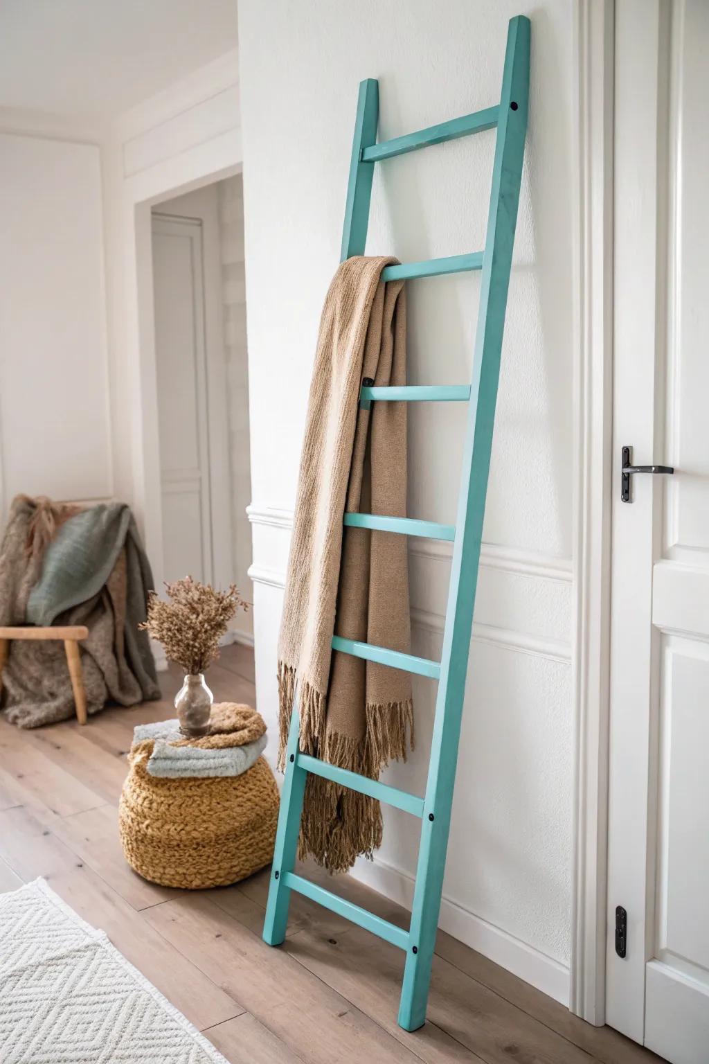 Add a splash of turquoise to your space with a handcrafted blanket ladder for a chic pop of color.