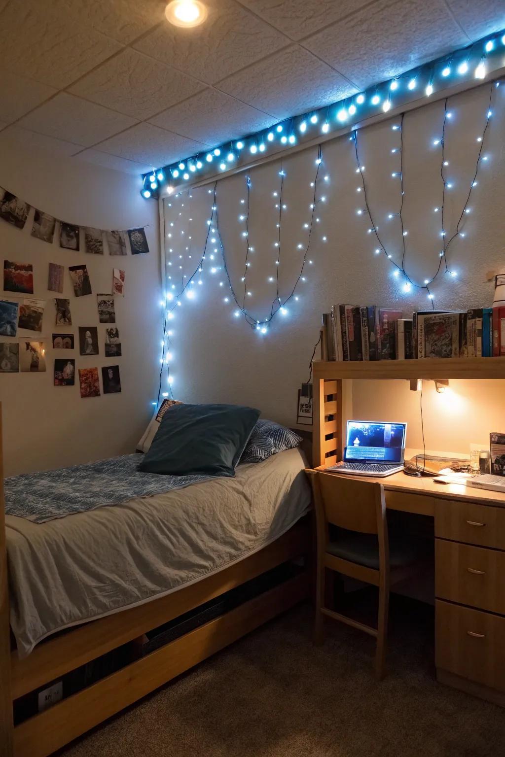 Blue string lights add a whimsical touch to your dorm decor.