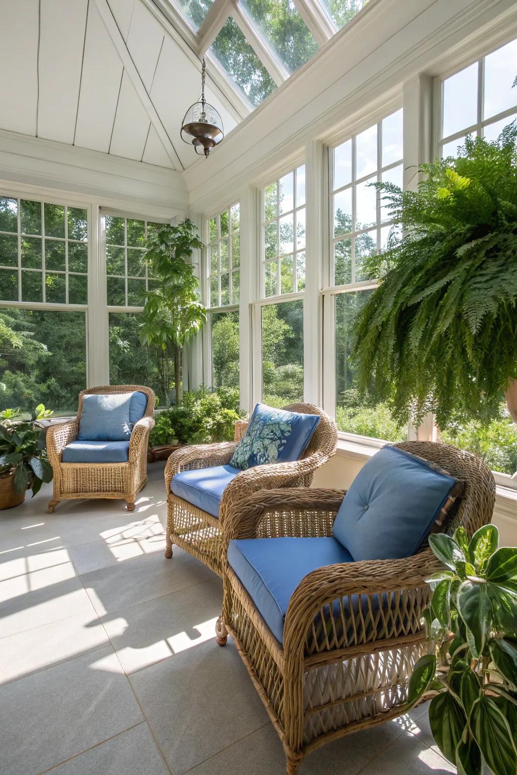 Wicker furniture with blue cushions brings warmth and style.