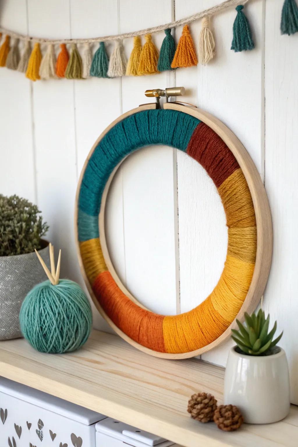 Transform your space with a touch of boho flair: vibrant yarn-wrapped hoop art that celebrates simplicity and color.