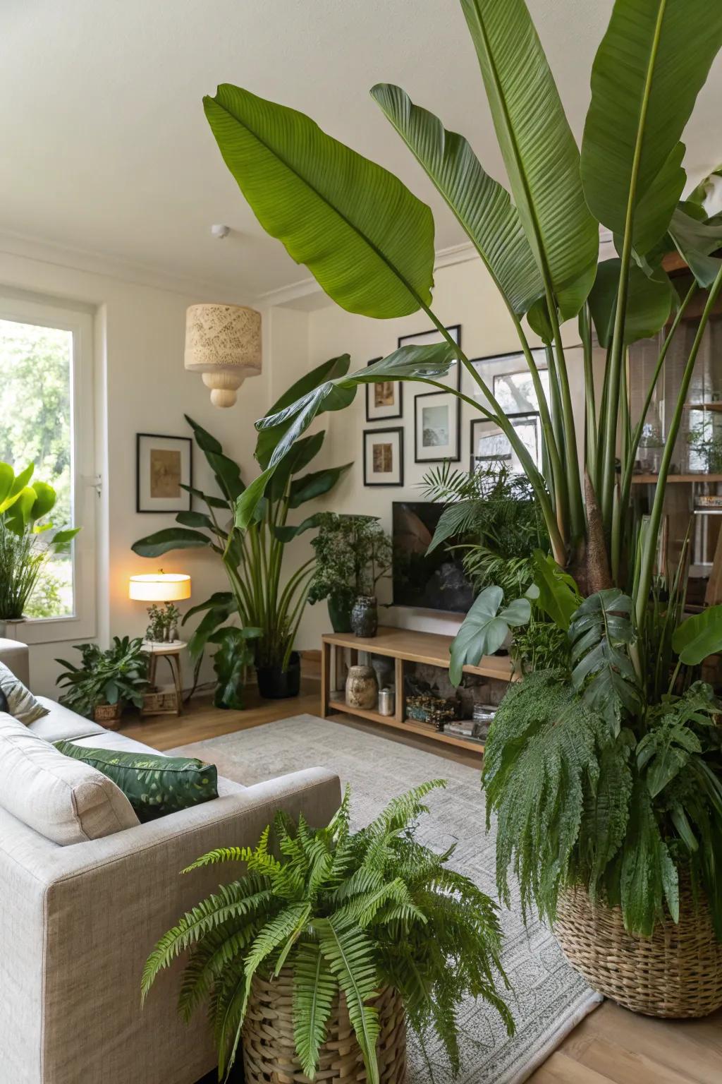 A living room that feels like a tropical oasis with large banana leaves and ferns.