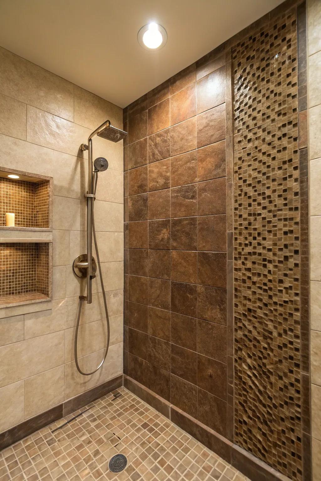 Textured brown tiles add depth and intrigue to any shower.
