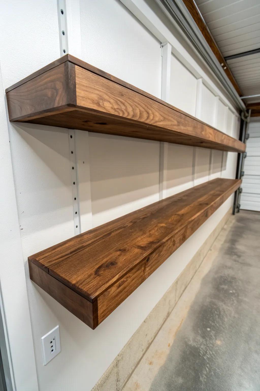 Elevate your shed's style with sleek floating shelves—where form meets function.
