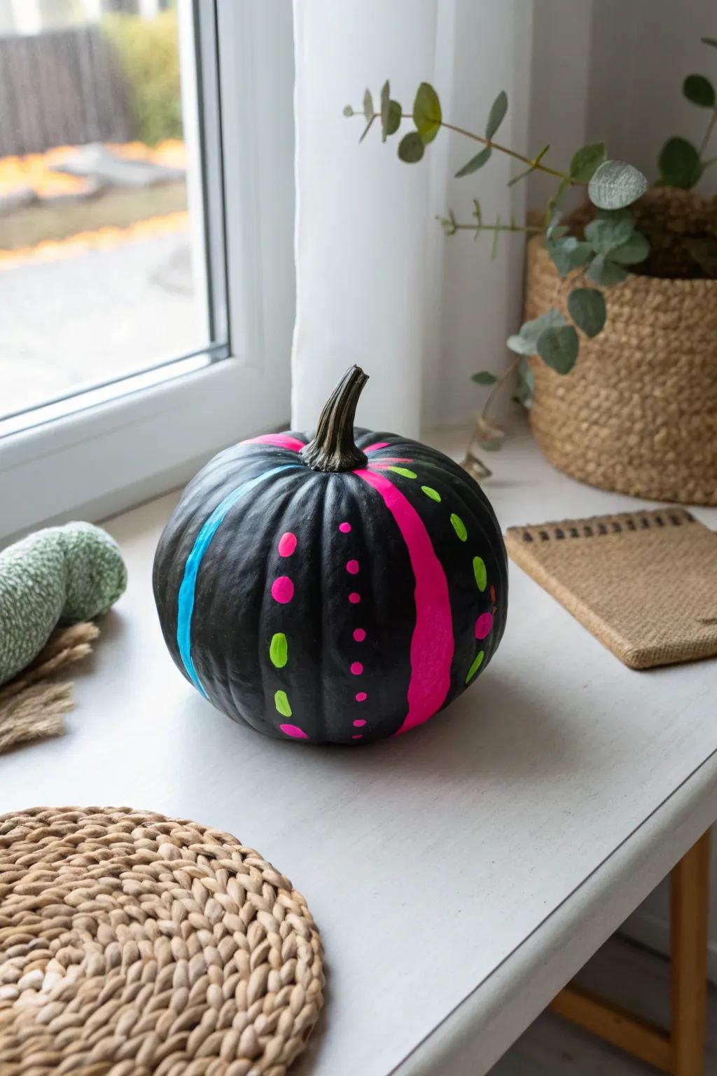 Bold and Beautiful: Transform your autumn decor with striking neon contrasts on a textured pumpkin.