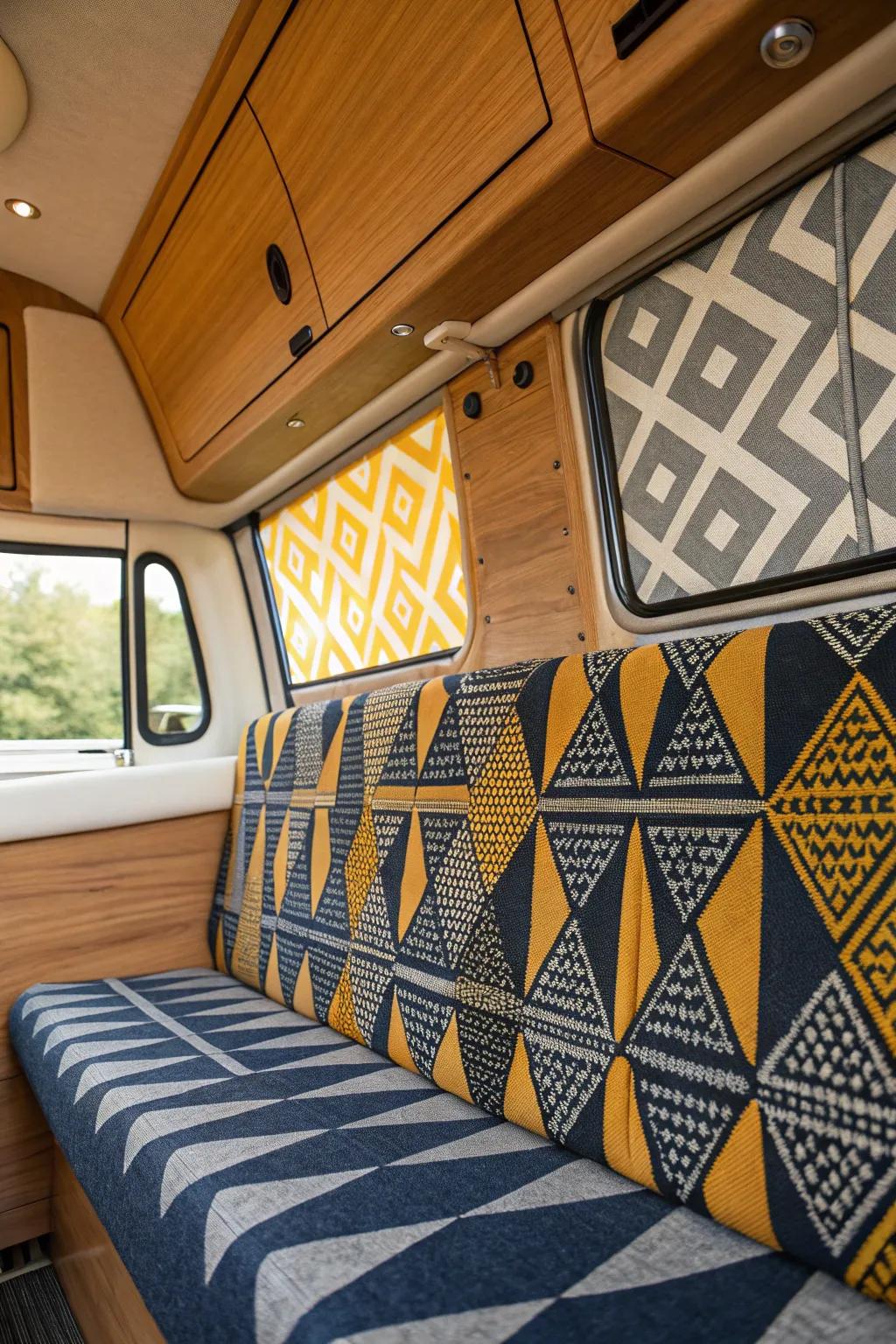Transform your campervan with bold geometric fabric panels for a touch of personality and craftsmanship.